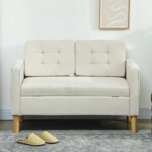 Sofá de 2 Plazas con Espacio de Almacenamiento Patas de Madera Respaldo Capitoné 117x62x78 cm Crema [5]