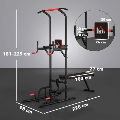 Torre Entrenamiento Energía Power Tower Estación Pull Up Multifuncional Ajustable en Altura con Banco Plegable Barra de Dominadas para Fitness 220x98x181-229 cm Negro [1]