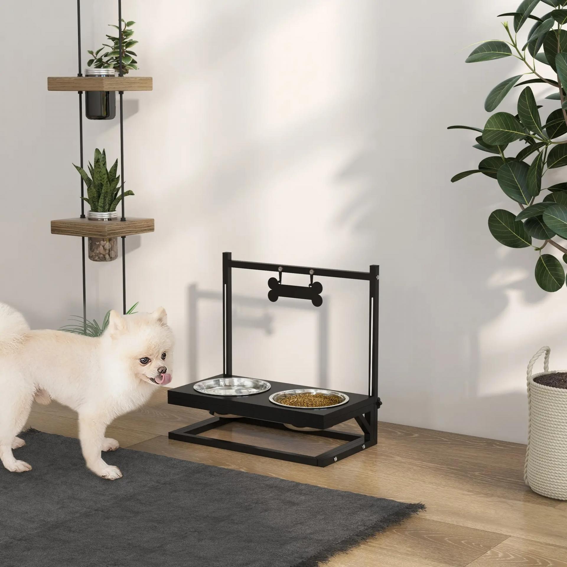 Comedero Elevado para Perros con 2 Tazones de Acero Inoxidable Altura Ajustable y 1 Placa de Metal 40,5x22x39 cm Negro