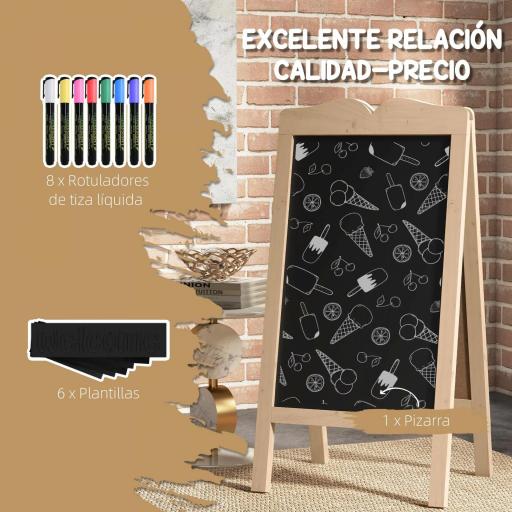 Pizarra Caballete Doble con Marco de Madera Plegable con 8 Tizas Líquidas y 6 Plantillas 51x42x101 cm Natural [3]