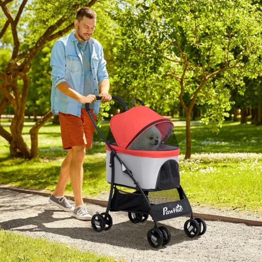 Carrito para Perros Pequeños 3 en 1 con Vagón Desmontable Cesta de Almacenaje Correas de Seguridad y Cojín Rojo