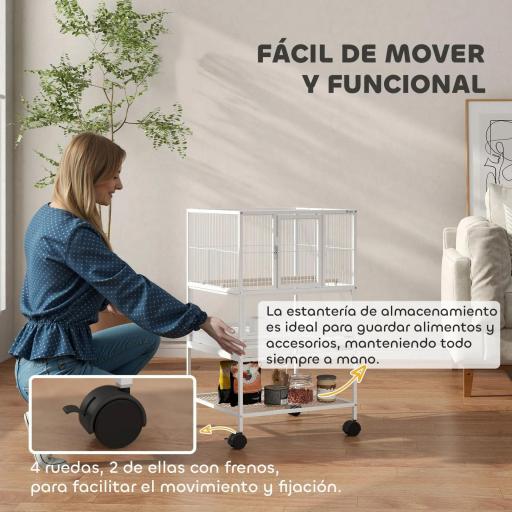 Jaula para Pájaros con Paneles Acrílicos Comederos Soporte Ruedas y Estante Inferior 48x46x83 cm Blanco [3]
