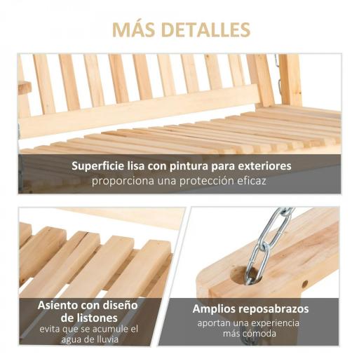 Banco Columpio de Madera de 2 Plazas Ajustable con Respaldo y Apoyabrazos para Exterior Jardín 117x69x60 cm Natural [4]