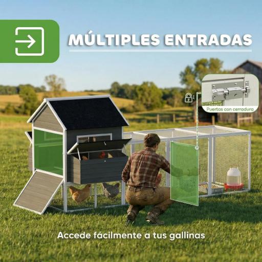 Gallinero Madera Grande Exterior con 2 Nidos Corral Techo Asfáltico Bandeja Extraíble Rampa 347x160x150 cm Gris Oscuro [7]