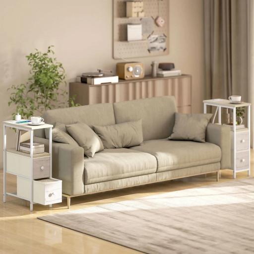 Juego de 2 Mesitas Auxiliares Estrechas con Enchufe Toma AC Puerto USB Puerto USB-C 2 Cajones de Tela Natural