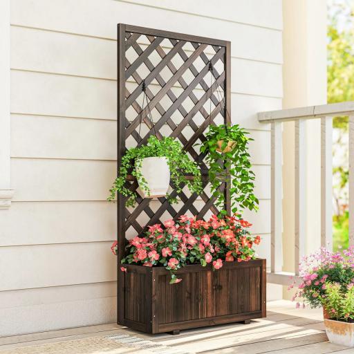 Jardinera con Enrejado de Madera Macetero de Jardín con Soporte para Trepadora 72,5x31,5x149,5 cm Carbonizado [6]