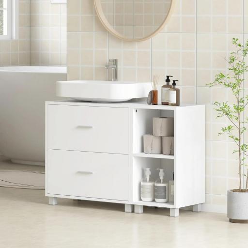 Mueble Bajo Lavabo Mueble de Baño con 2 Cajones y 2 Estantes Abiertos para Lavabo con Pedestal 90x30x60 cm Blanco [3]