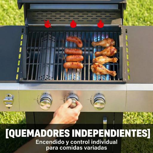 Barbacoa de Gas con 3 Quemadores 8,1 kW Termómetro Parrillas Mesas Laterales Armario y Ruedas 109x50x109 cm Negro [4]