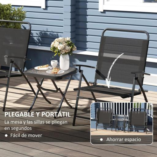 Conjunto de 3 Piezas Mesa con Encimera de Cristal y Sillas Plegables con Respaldo Regulable para Terraza Exterior Negro [6]