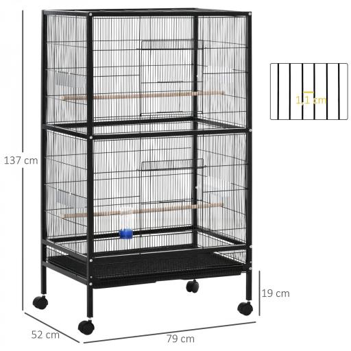 Jaula para Pájaros con 4 Ruedas Pajarera Metálica con Múltiples Puertas 4 Comederos Bebedero 2 Perchas 79x52x137cm Negro [1]