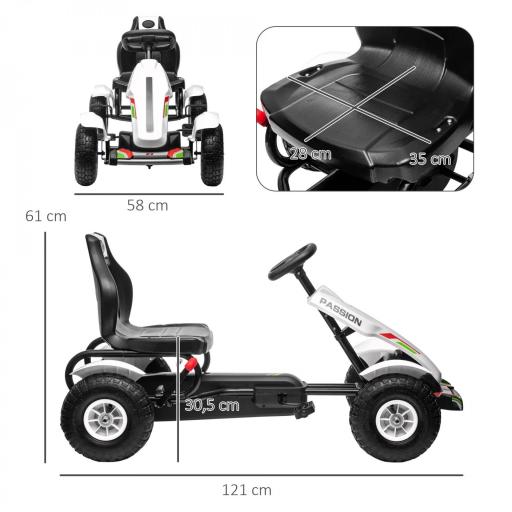 Go Kart a Pedales para Niños con Asiento Ajustable Neumáticos de Goma Freno de Mano Carga 50 kg 121x58x61 cm Blanco [1]