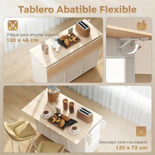 Isla de Cocina con Encimera Extensible Ruedas 2 Cajones 3 Armarios Estantes en la Puerta Toallero Blanco [3]