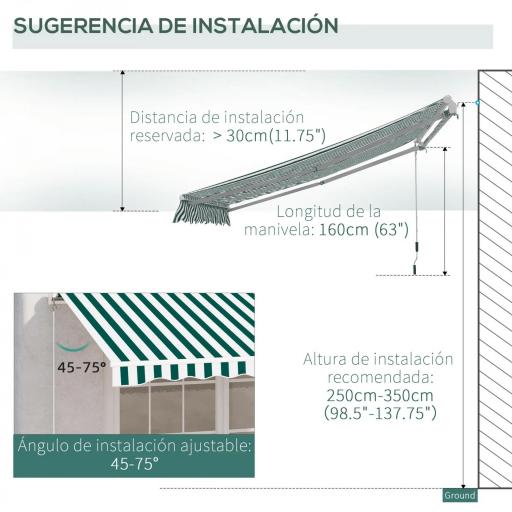 Toldo Manual Retráctil 295x250cm Ángulo Ajustable con Manivela para Exterior Balcón Jardín Terraza Verde [4]