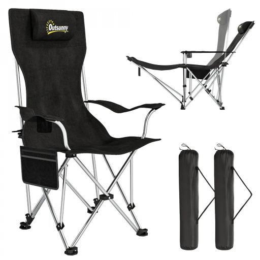 Conjunto de 2 Sillas Plegables Camping con Reposapiés Desmontable Reposacabezas Portavasos y Bolsa 125x48x90 cm Negro [9]