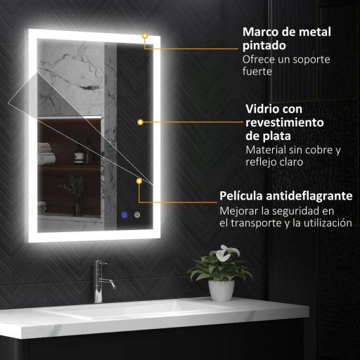 Espejo de Baño con Luces LED Regulable en 3 Colores 80x60 cm Función Antivaho Función de Memoria Interruptor Táctil [5]