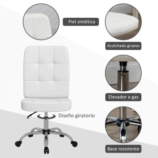 Silla de Oficina sin Brazos Silla de Escritorio Giratorio de Piel Sintética con Altura Ajustable 45x59x90-100 cm Blanco [3]