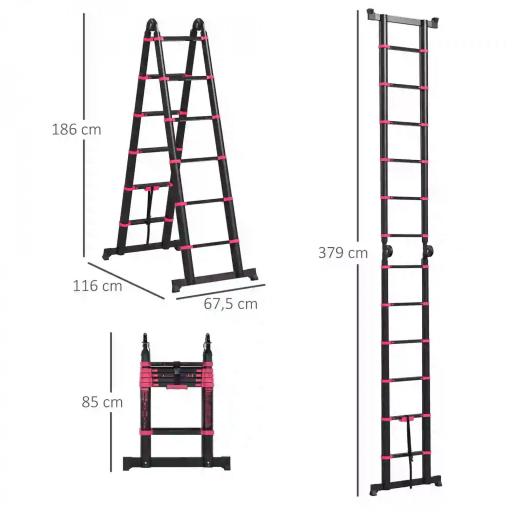 Escalera de Aluminio Plegable 2 Formas de Uso con 12 Escalones Antideslizantes Carga 150 kg 379x67,5x11 cm Negro y Rojo [1]