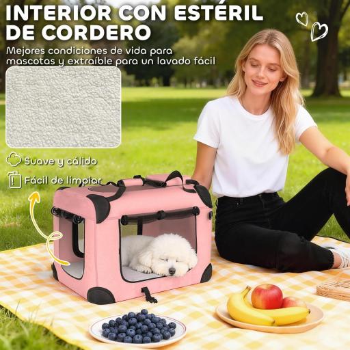 Transportín para Perros Plegable 60x41,5x41 cm con Ventanas de Malla Cojín Suave y 2 Asas para Mini Perros y Gatos Rosa [5]