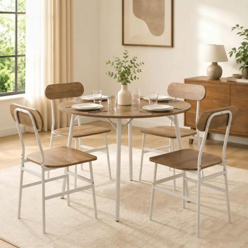 Juego de Mesa y 4 Sillas de Comedor Estilo Industrial Marco Metálico para Espacios Pequeños Salón Natural y Blanco [0]