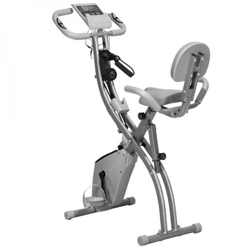 Bicicleta Estática Plegable 3 en 1 con Respaldo y 8 Niveles Resistencia Magnética, Bicicleta Estática para Casa Ajustable con Monitor LCD Volante Banda Sensor de Pulso Soporte de Teléfono Gris [10]