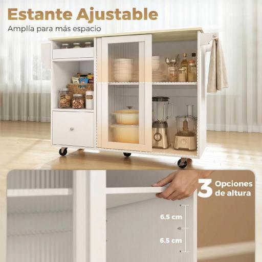 Isla de Cocina con Encimera Abatible Ruedas Puertas Correderas de Vidrio Botellero Cajón Especiero Estante Ajustable [5]