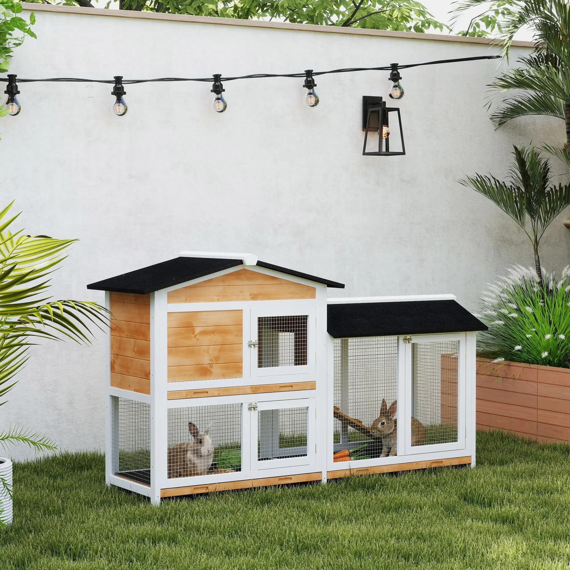 Conejera de Madera Exterior Jaula para Conejos de 2 Niveles con Techo Asfáltico 2 Corrales de Metal Bandeja Extraíble 2 Puertas y Rampa 157,4x53x93,5 cm Natural