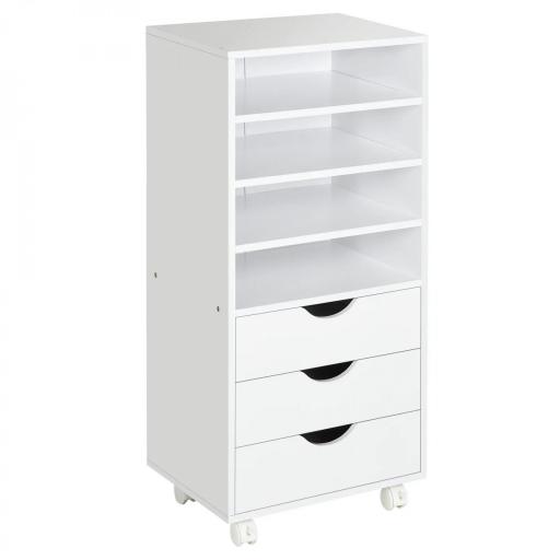 Cajonera de Oficina con 3 Cajones y 4 Estantes Abiertos Cajonera Escritorio con Ruedas para Oficina 38x40x86,8 cm Blanco [9]