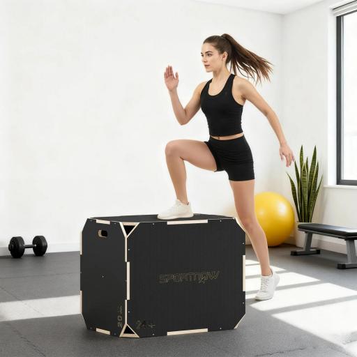 Cajón Pliométrico de Madera 3 en 1 con 3 Alturas Diferentes Asas sin Esquinas Entrenamiento de Salto 76x61x51 cm Negro [6]