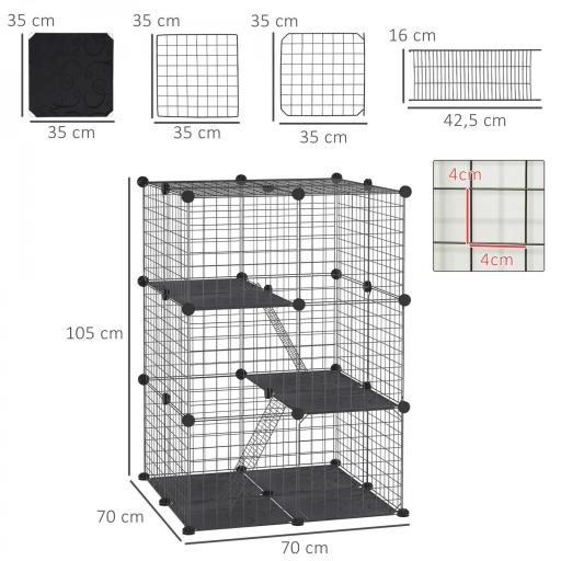 Jaula para Animales Pequeños de 3 Niveles con Rampas y Forma Personalizable para Cobayas Conejos 70x70x105 cm Negro [4]