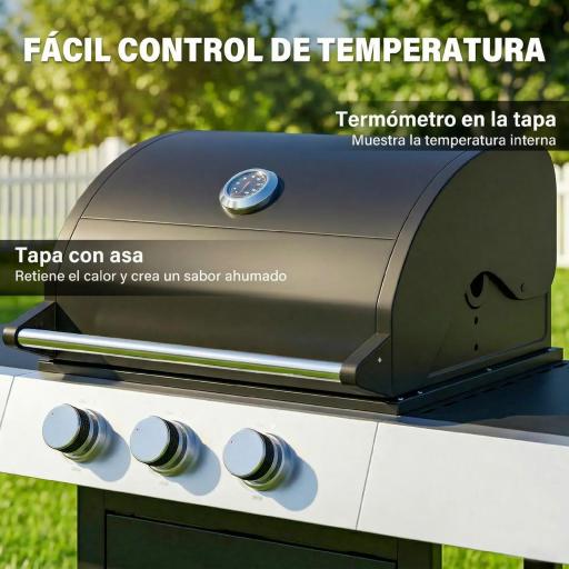 Barbacoa de Gas con 3 Quemadores 8,1 kW Termómetro Parrillas Mesas Laterales Armario y Ruedas 109x50x109 cm Negro [6]