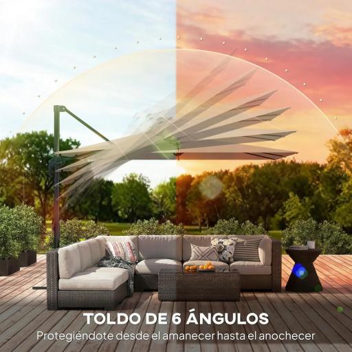 Parasol Excéntrico 2,9x2,9 m de Aluminio con Manivela Inclinación Ajustable Giratorio 360° Base Cruzada y Funda Caqui [5]