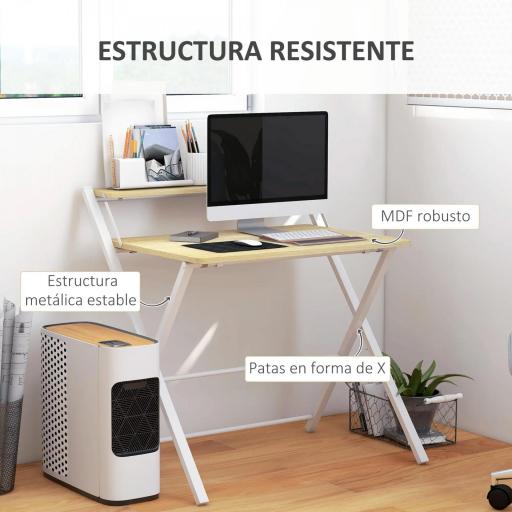 Mesa de Estudio Plegable con Estante Superior Estilo Moderno para Sala Oficina Dormitorio 81,5x70x84 cm Natural y Blanco [7]