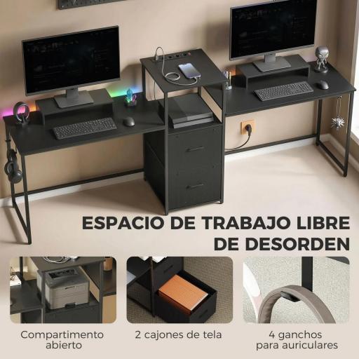 Mesa Gaming Doble de 244 cm con Estación de Carga Puertos USB Soportes para Monitor Cajones de Tela Negro [1]