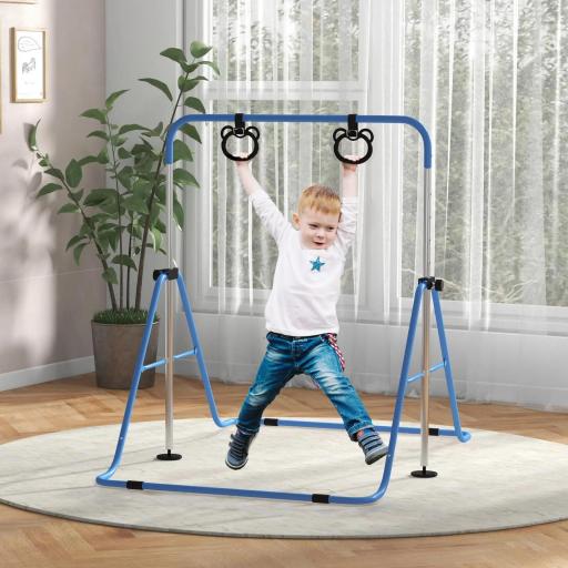 Barra de Gimnasia para Niños con Altura Ajustable en 5 Niveles y Anillos Entrenamiento de Gimnasia Plegable en Casa Azul
