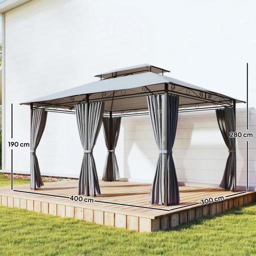 Cenador para Jardín 3x4 m Pabellón de Jardín Gazebo con Doble Techo 6 Paredes Laterales Estructura Metálica Gris Oscuro [1]