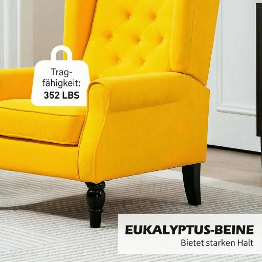 Sillón de Salón con Reposabrazos y Patas de Madera Butaca Carga 160 kg para Dormitorio Oficina 74x86x102 cm Amarillo [6]
