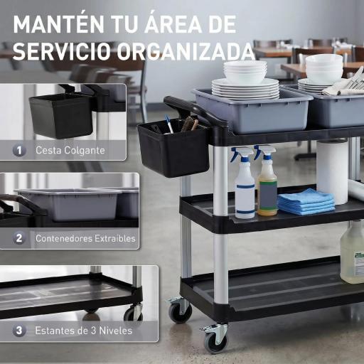 Carro de Limpieza con Ruedas con 3 Estantes 2 Contenedores y Cubo Lateral Colgante Carga 100 kg Negro [2]