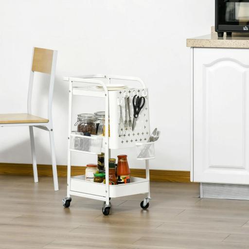Carrito Auxiliar con Ruedas Carro de Almacenaje Multifuncional con 4 Ganchos y 2 Cestas Colgantes 51,5x32x75,6 cm Blanco