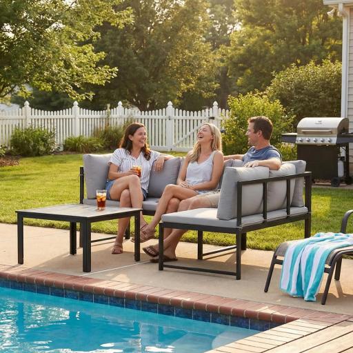 Conjunto de Jardín Exterior con Cojines 2 Sofás de 2 Plazas Reposabrazos Ajustables y Mesa de Centro de Listones Gris [5]