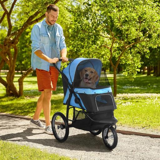 Carrito para Perros Medianos Pequeños con Cesta de Almacenaje Capota Ajustable y Ventana de Malla 111x58x107 cm Azul [0]