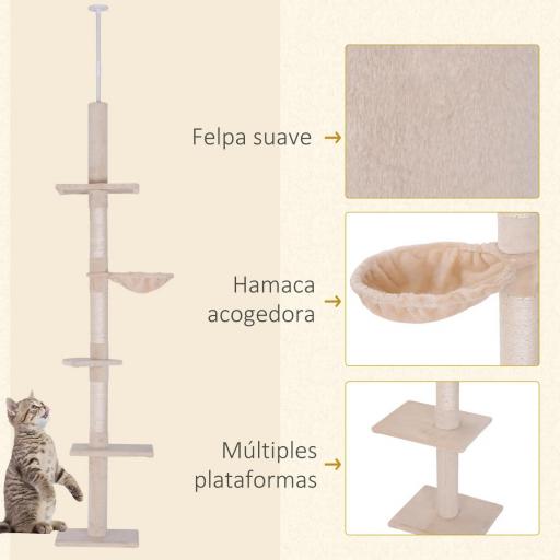 Árbol para Gatos de Suelo a Techo de 230-260 cm con Altura Ajustable Plataformas Hamaca y Postes de Sisal Beige [2]