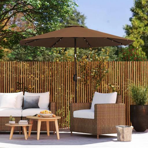 Sombrilla de Jardín Ø265 cm con 32 Luces LED Solares Manivela y Poste de Acero para Patio Terraza Marrón [8]