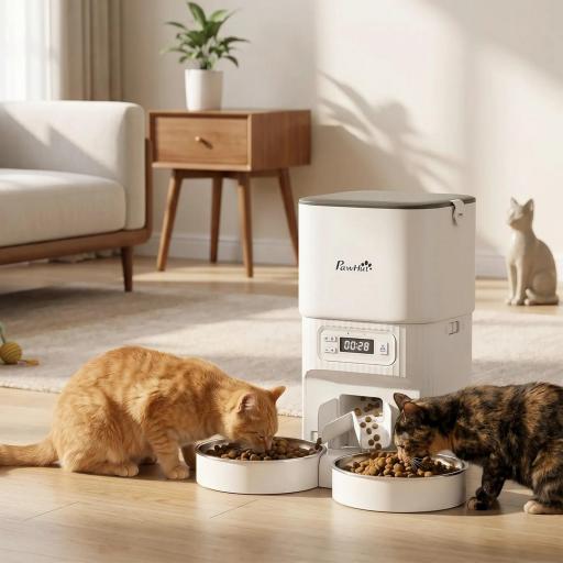 Comedero Gato Automático 4L Dispensador Comida para Gatos/Perros 1-6 Comidas al Día 2 Cuencos 2 Fuentes de Alimentación [1]