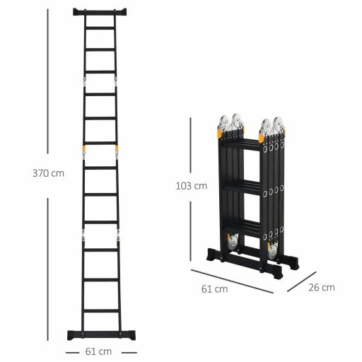 Escalera Multiusos Plegable Escalón Caballete 5 en 1 Portátil con 2 Placas de Plataforma Pie Antideslizante 6 Interruptores Bisagra Aluminio 150 kg 370x61x11 cm Negro [1]