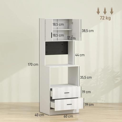Mueble Auxiliar de Cocina con Soporte para Microondas 2 Cajones 2 Puertas y Panel Perforado de Metal Blanco [1]