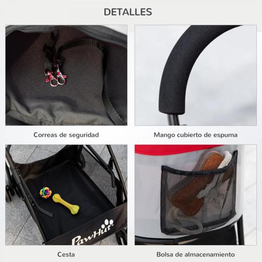 Carrito para Perros Pequeños 3 en 1 con Vagón Desmontable Cesta de Almacenaje Correas de Seguridad y Cojín Rojo [7]