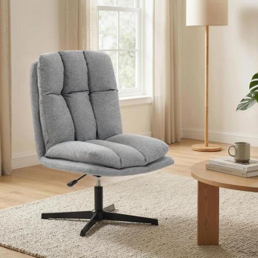 Butaca de Salón Giratorio 360° Altura Ajustable Asiento Ancho Tapizado en Lino Base de Metal Gris Claro [7]