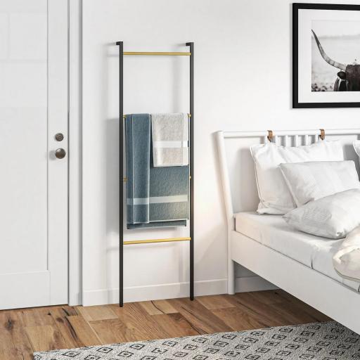 Toallero Apoyado en la Pared Toallero de Baño con 4 Barras de Bambú y Marco de Acero 49x5,5x167,5 cm Negro y Natural [7]