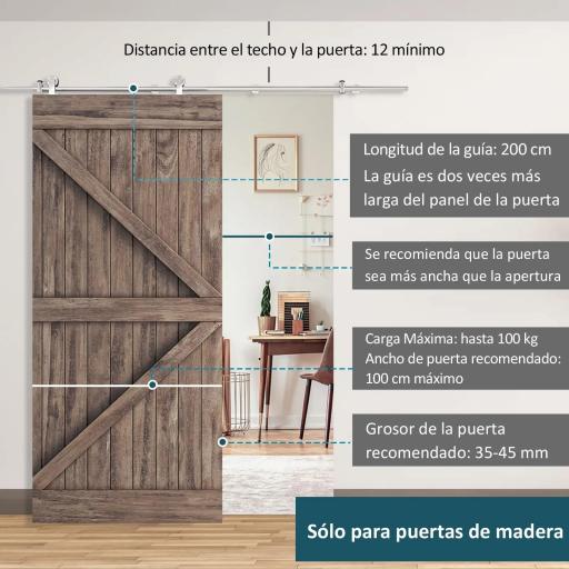 Kit de Herrajes de Acero Inoxidable para Instalación de Puerta Corredera de Madera Ø2,5x200 cm Plata [6]