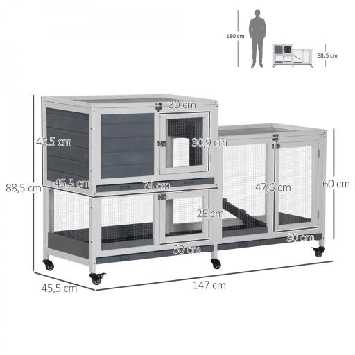 Conejera de Madera con Ruedas 147x45,5x88,5 cm Jaula para Conejos de 2 Niveles con Techo Abrible 2 Corrales de Metal 3 Bandejas Extraíbles 3 Puertas con Pestillo y Rampa Gris [1]